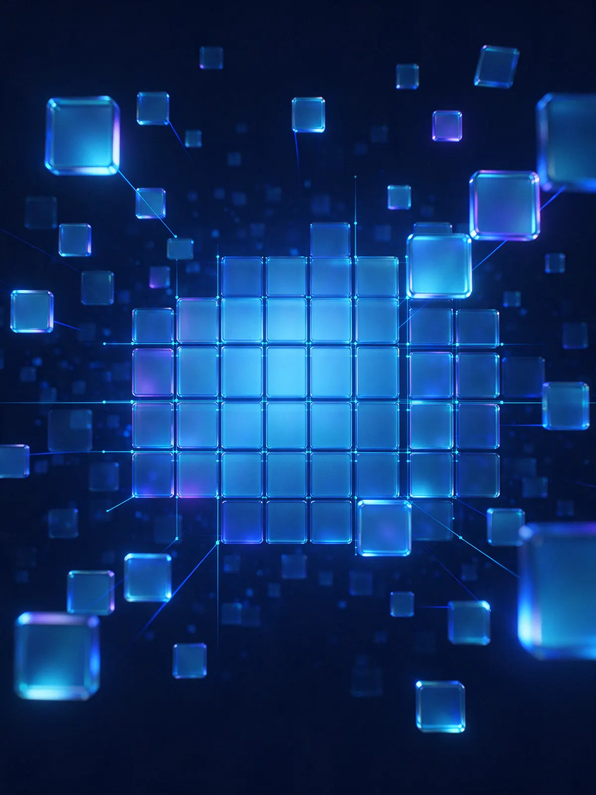 Glowing translucent square tiles snapping into a precise grid, connected by thin lines of light.