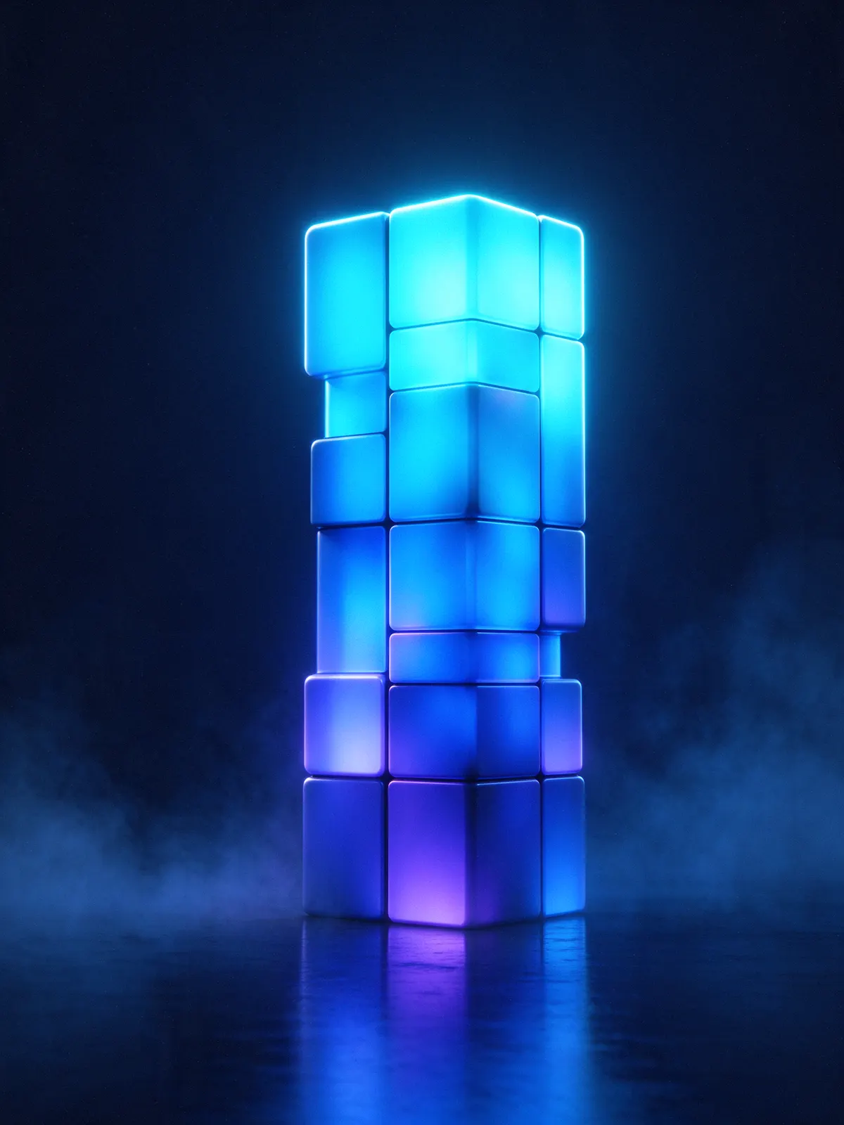 A tall structure of luminous blue and violet blocks standing on a reflective dark floor.